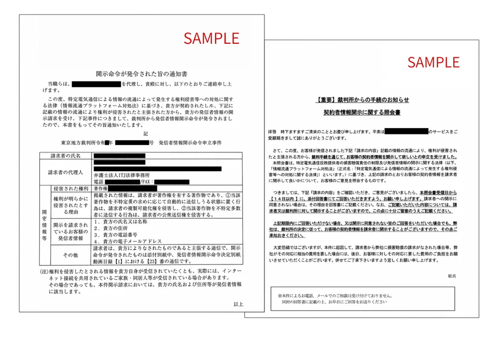実際に届いた「開示請求」の通知書・「意見照会書」のサンプル